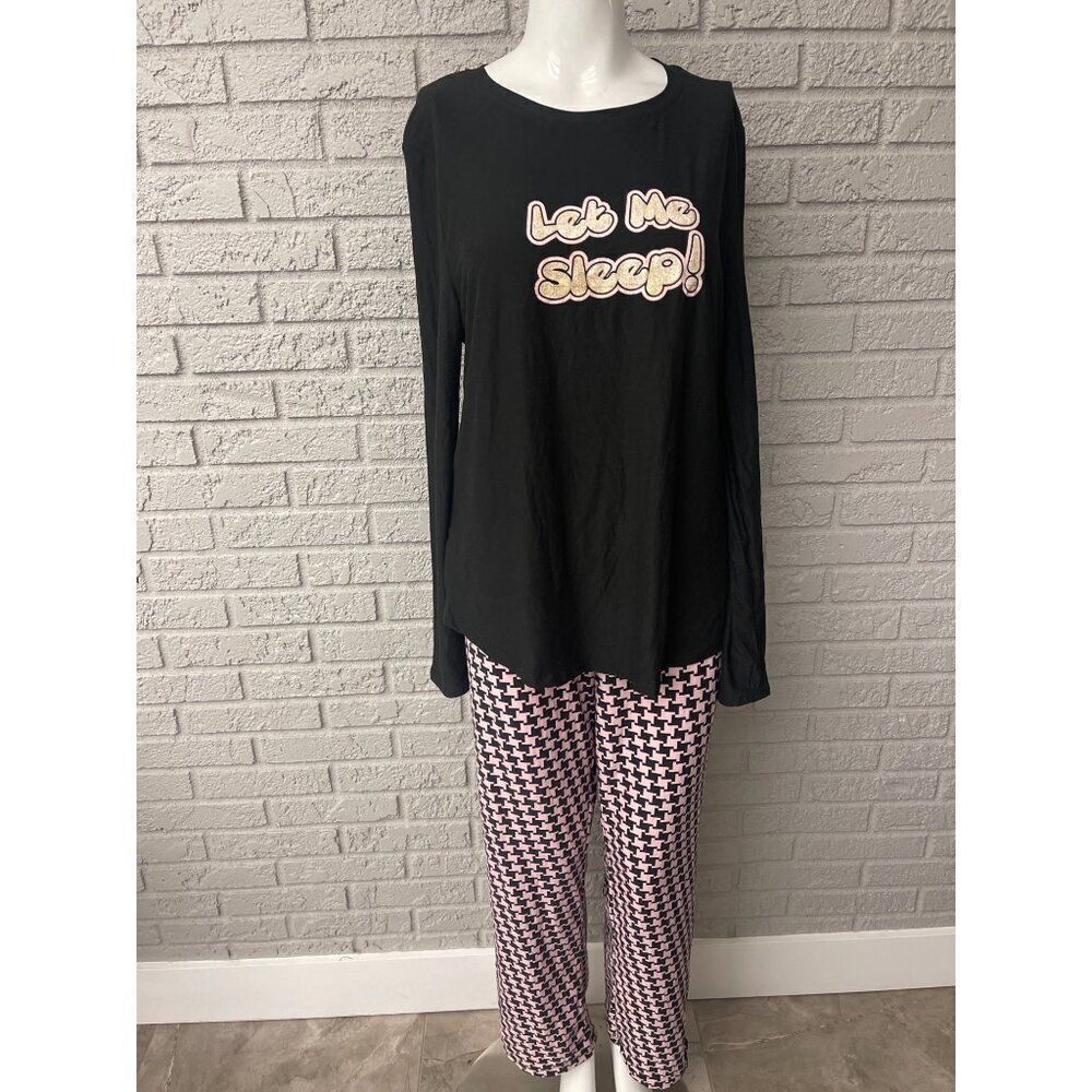 Just Be ‘Let Me Sleep’ Black & Pink Women Pajamas 2 Pcs Set Size L